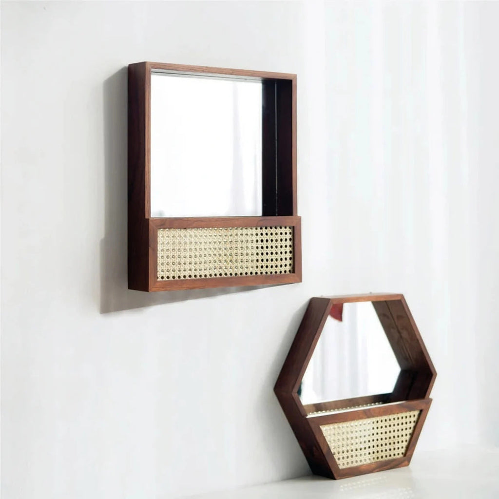 Rustic Wall Mirror with Natural Rattan Frame | Kelmera