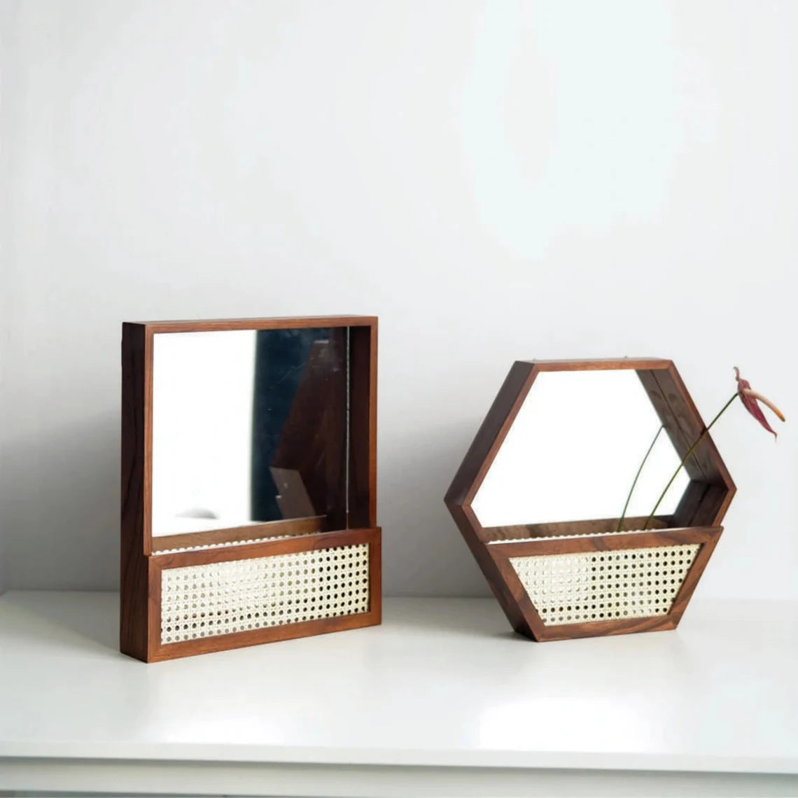 Rustic Wall Mirror with Natural Rattan Frame | Kelmera