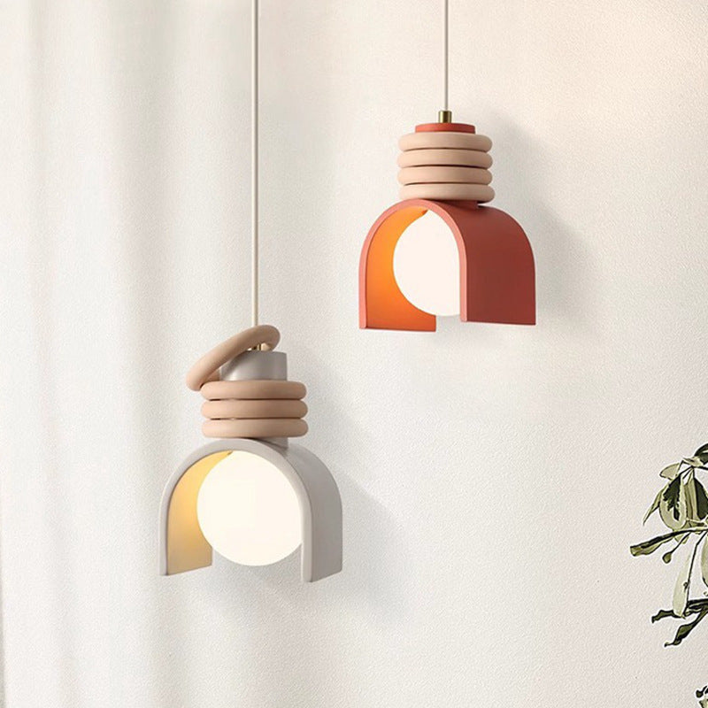Scandinavian Arch-Shade Pendant Lamp with Wood Ring Accents and Frosted Globe | Kelmera