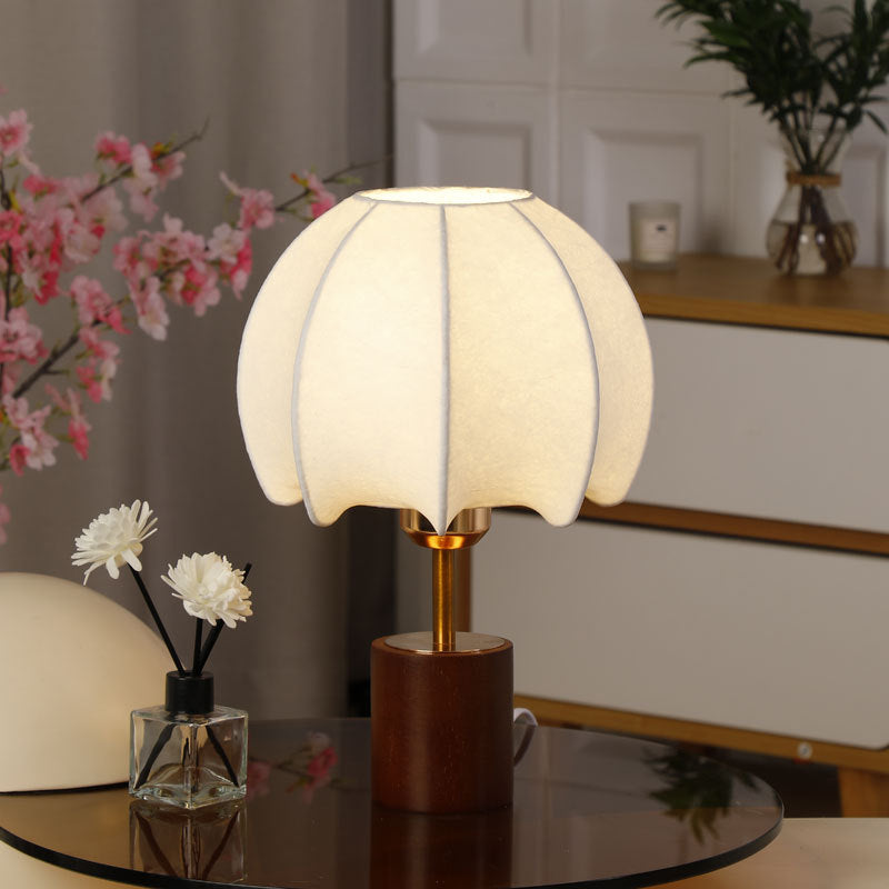 Sculptural Table Lamp with Wooden Base, Brass Stem, and Cardboard Shade | Kelmera