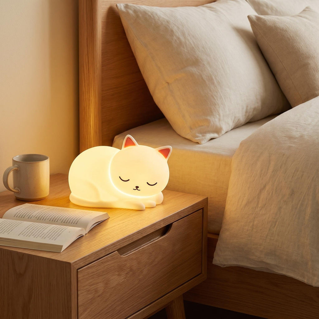 Silicone Sleeping Cat LED Night Light with Touch Dimming USB Rechargeable | Kelmera