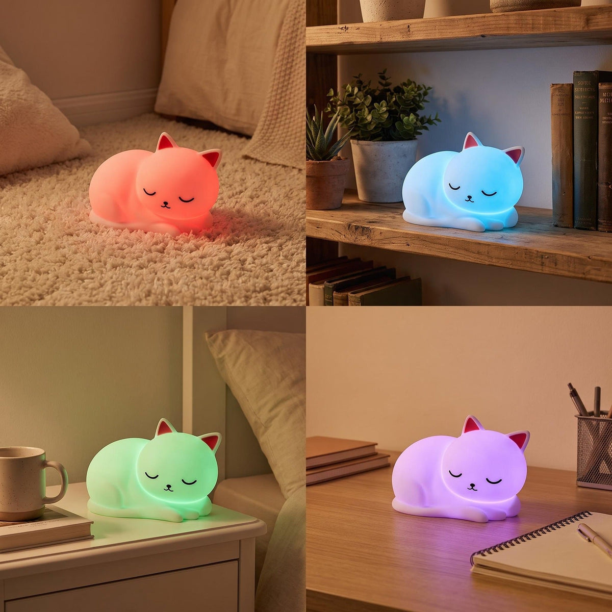 Silicone Sleeping Cat LED Night Light with Touch Dimming USB Rechargeable | Kelmera