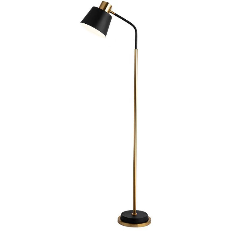 Slim Brass Torchiere Floor Lamp with Tilted Cone Shade and Adjustable Neck | Kelmera