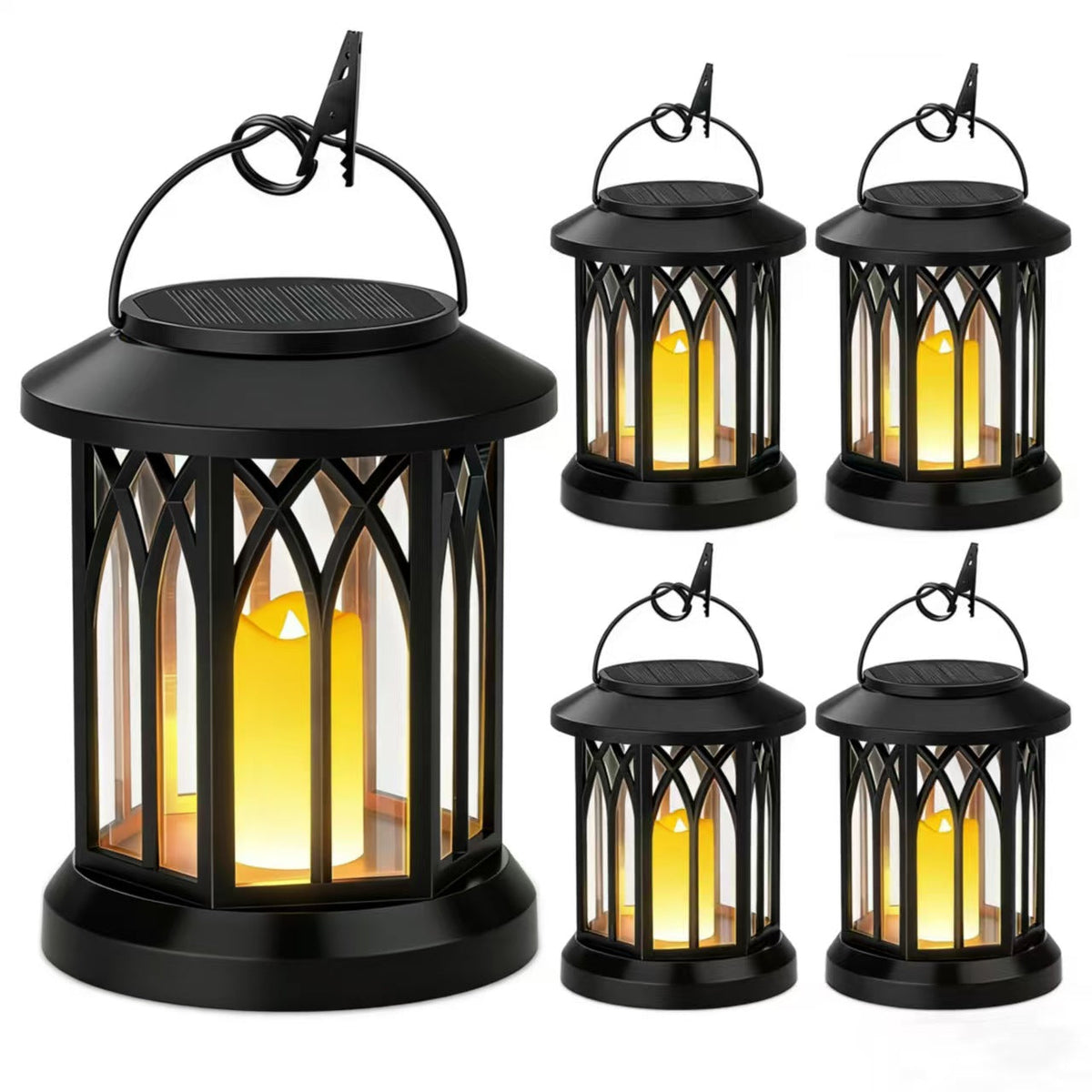 Solar-Powered Hanging LED Lantern Set with Flickering Flameless Candle and Metal Clip Hook | Kelmera