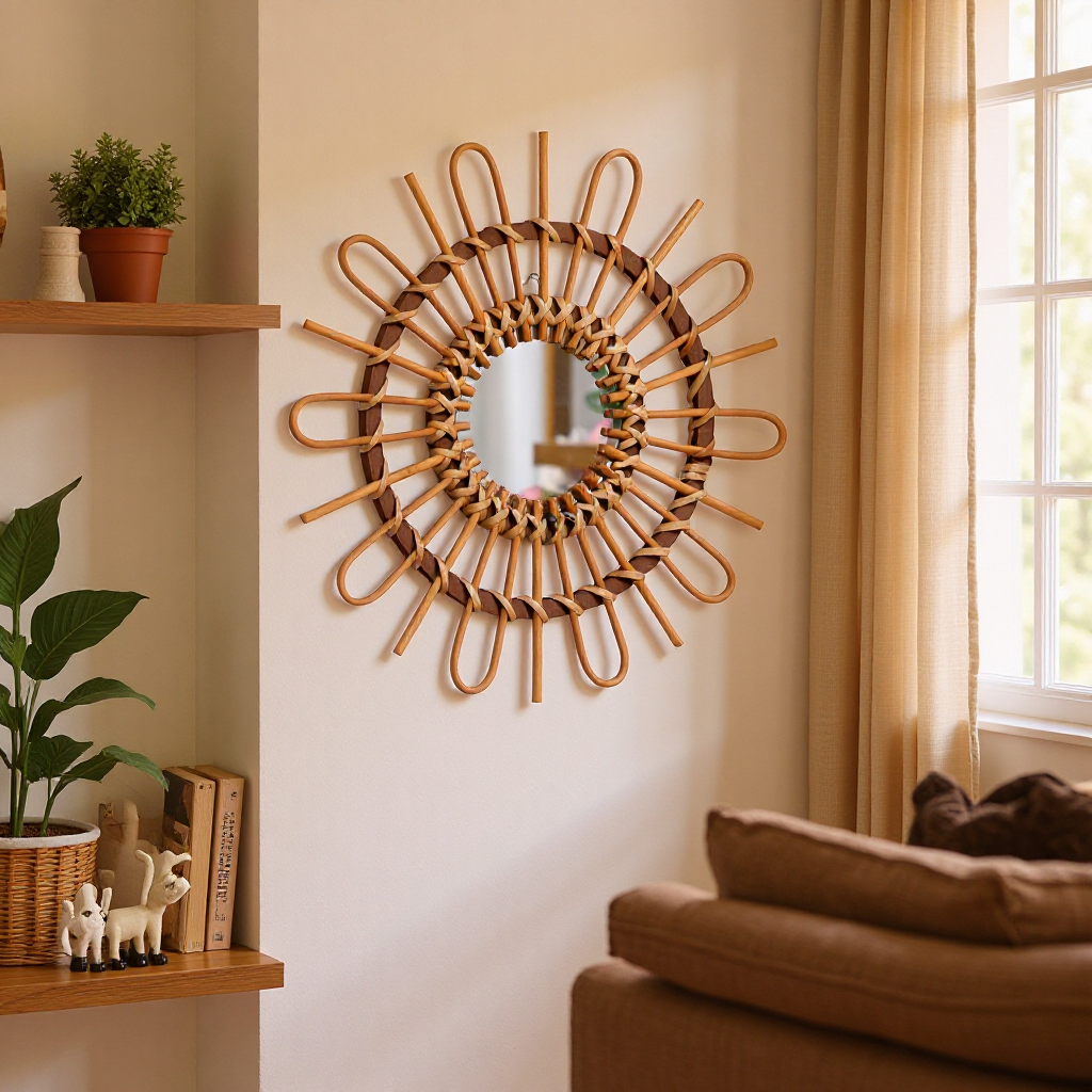 Trendy Round Wall Mirror with Rattan Frame | Kelmera
