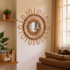 Trendy Round Wall Mirror with Rattan Frame | Kelmera