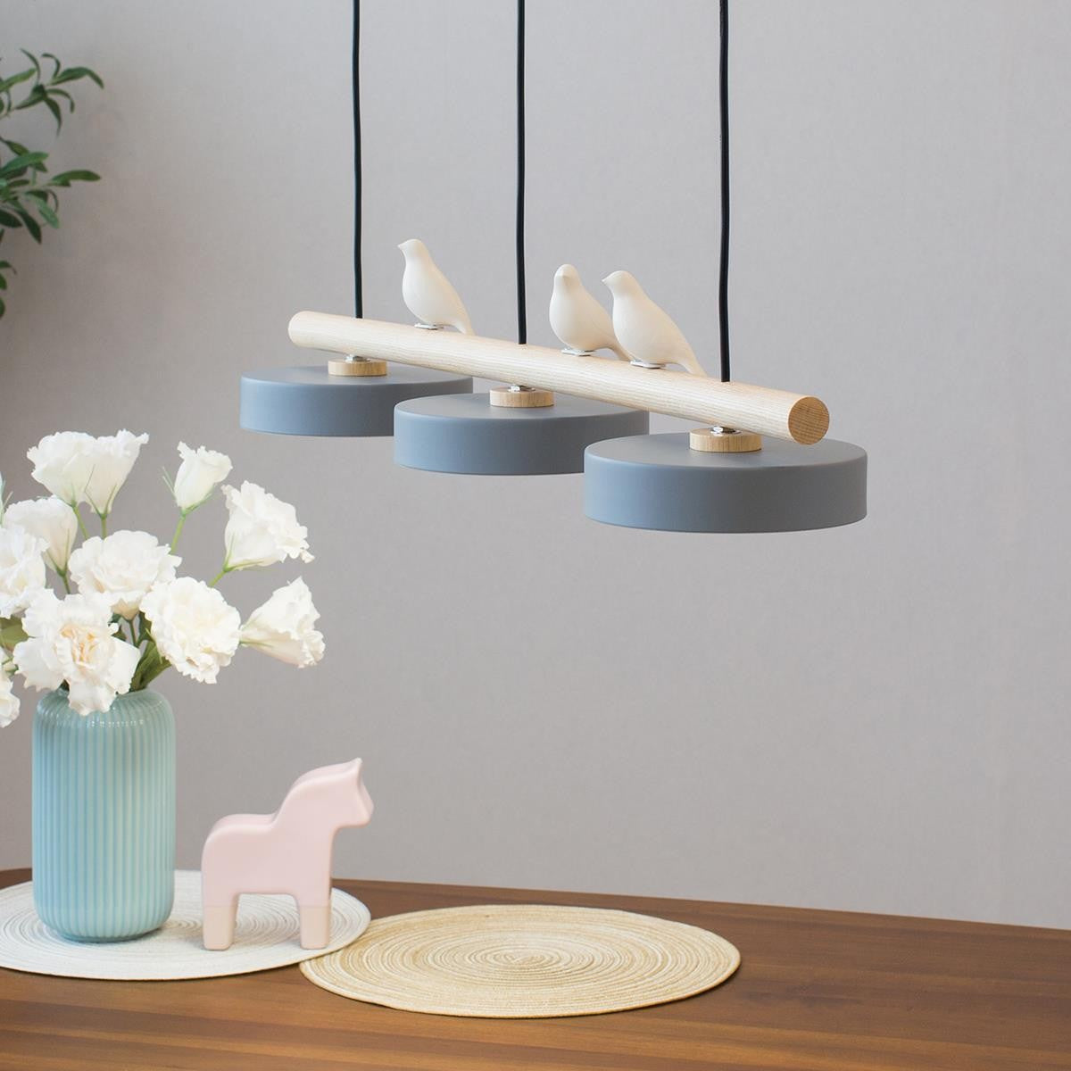Triple Light Scandinavian Wood Beam Pendant Lamp with Ceramic Bird Accents | Kelmera