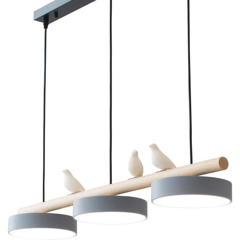 Triple Light Scandinavian Wood Beam Pendant Lamp with Ceramic Bird Accents | Kelmera