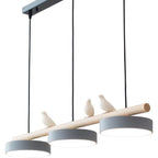 Triple Light Scandinavian Wood Beam Pendant Lamp with Ceramic Bird Accents | Kelmera