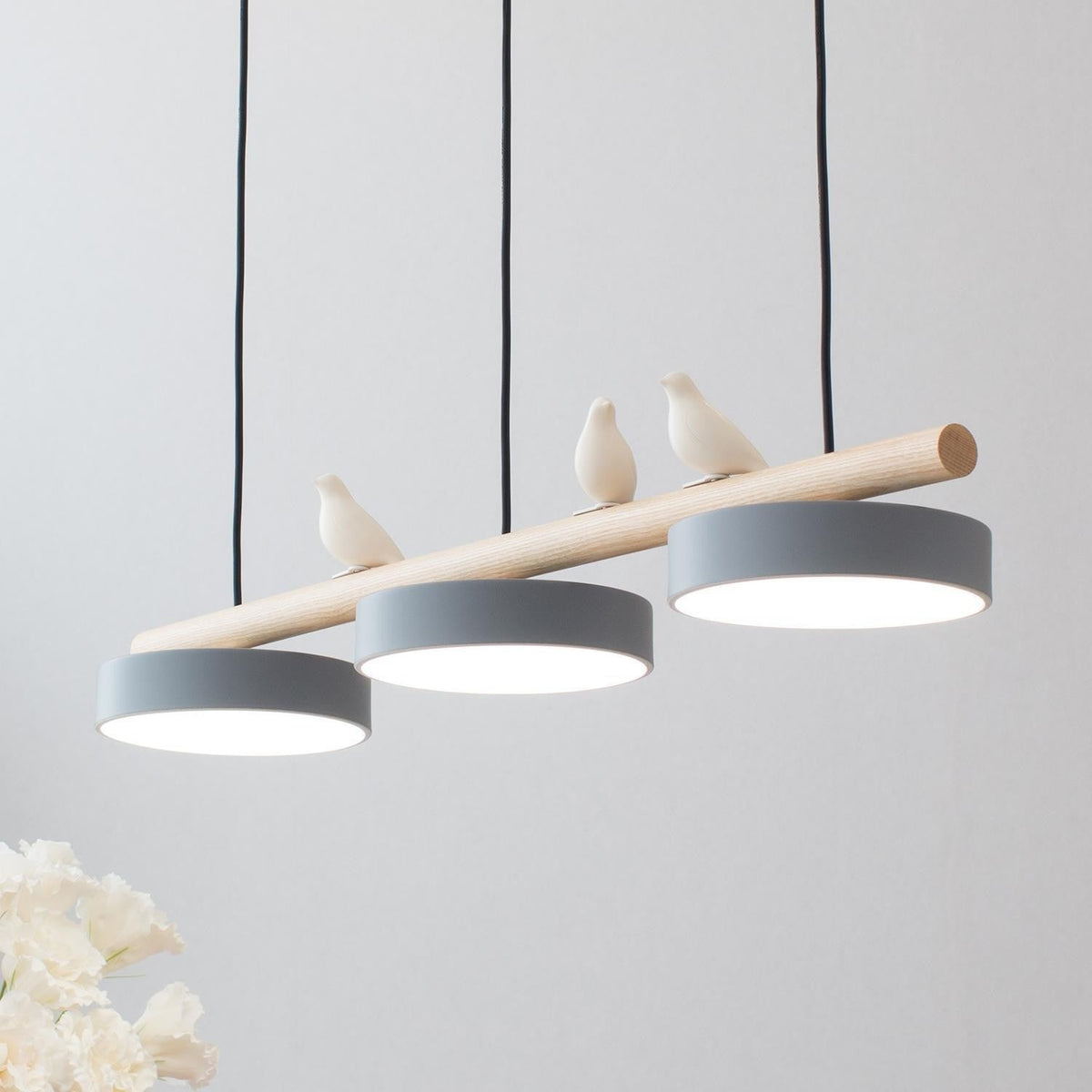 Triple Light Scandinavian Wood Beam Pendant Lamp with Ceramic Bird Accents | Kelmera