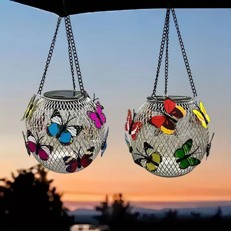 Weatherproof Hanging Solar LED Lanterns for Outdoor Use with Metal Cage, Warm Glass, and Hanging Chain | Kelmera