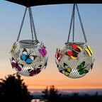 Weatherproof Hanging Solar LED Lanterns for Outdoor Use with Metal Cage, Warm Glass, and Hanging Chain | Kelmera