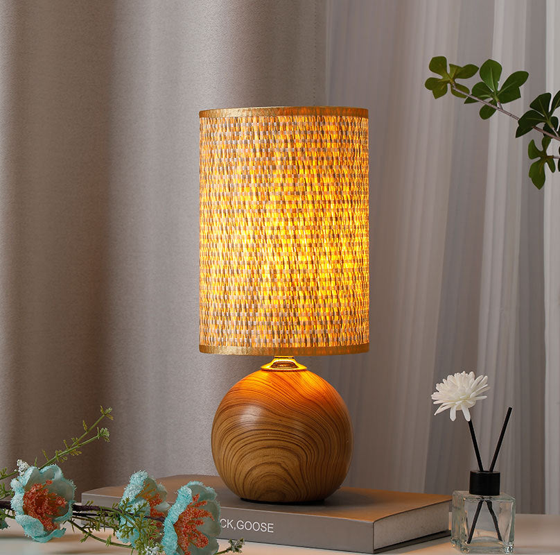 Wood Base Woven Rattan Umbrella Table Lamp | Kelmera
