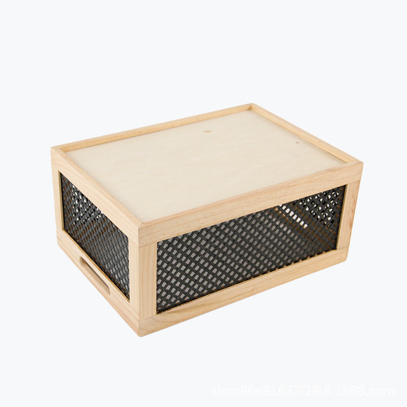 Wood Storage Box with Decorative Mesh Elements | Kelmera
